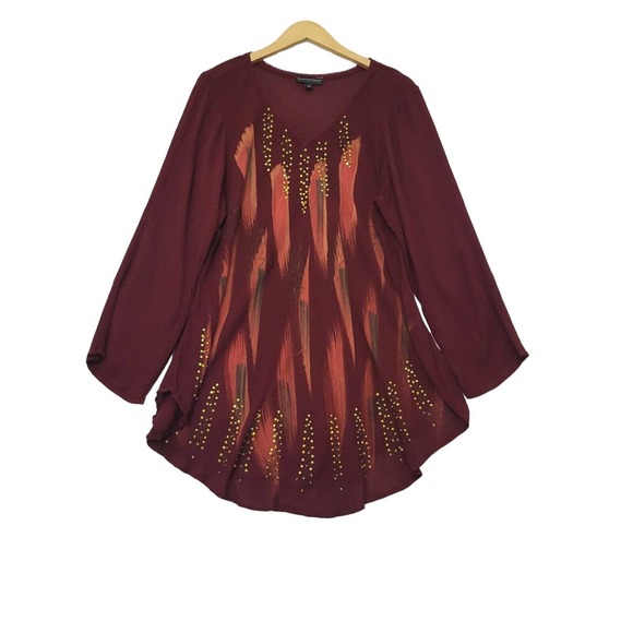 Greater Good Hippie Bohemian Tunic Burgundy Rhinestone Embroidered Plus Sz 1X-2X - Picture 1 of 9